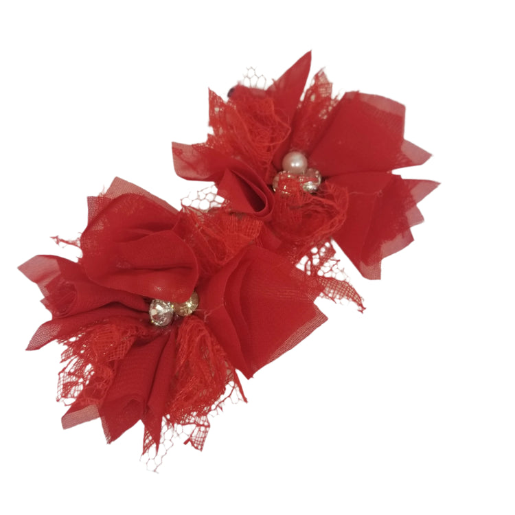Double Flower Hair Clips- Red Beads