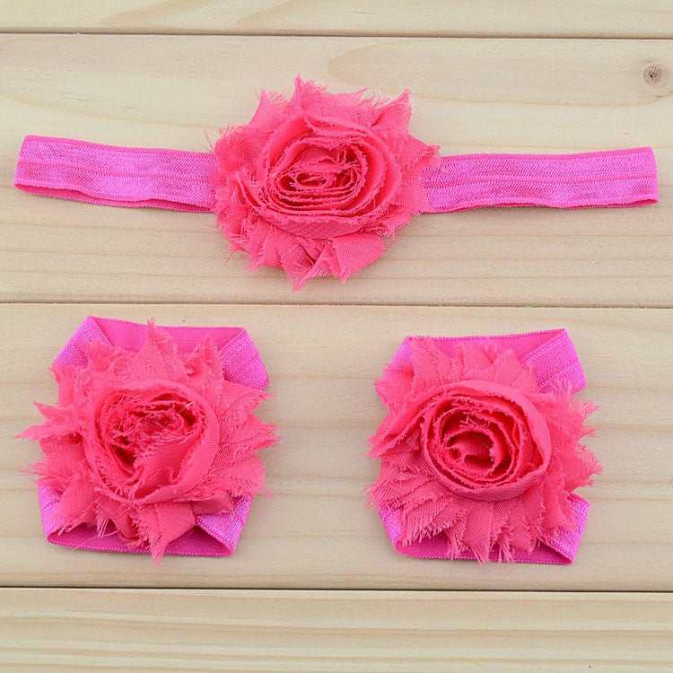 Shabby Rosette Barefoot Baby Sandals with Matching Headband