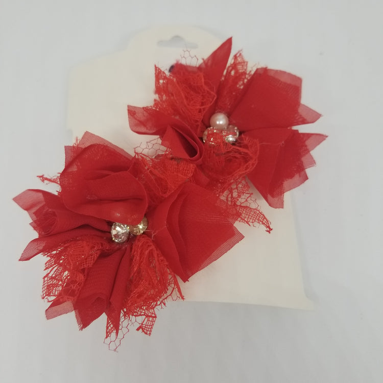 LIL MISS -  Double Flower Hair Clips- Red Beads