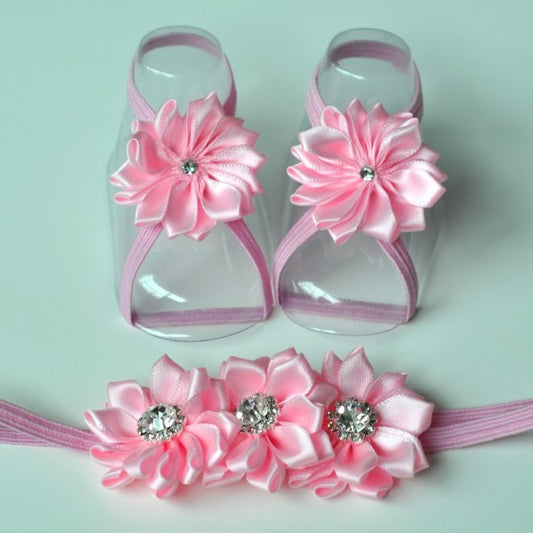Satin Barefoot Baby Sandals with Matching Headband