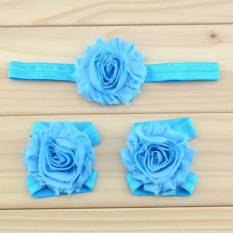 Shabby Rosette Barefoot Baby Sandals with Matching Headband