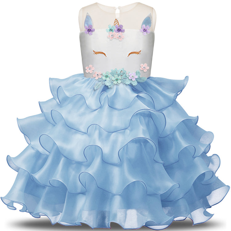 LIL MISS -  Unicorn - Organza - Blue - Girls Dress