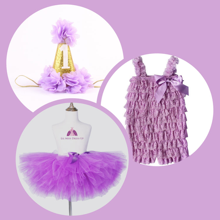 LIL MISS -  1st Birthday Lace Romper Signature Dress Up Set - Purple