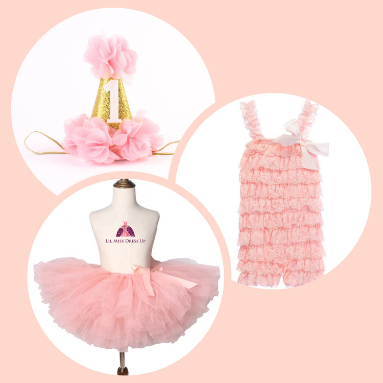 LIL MISS -  1st Birthday Lace Romper Signature Dress Up Set - Peach