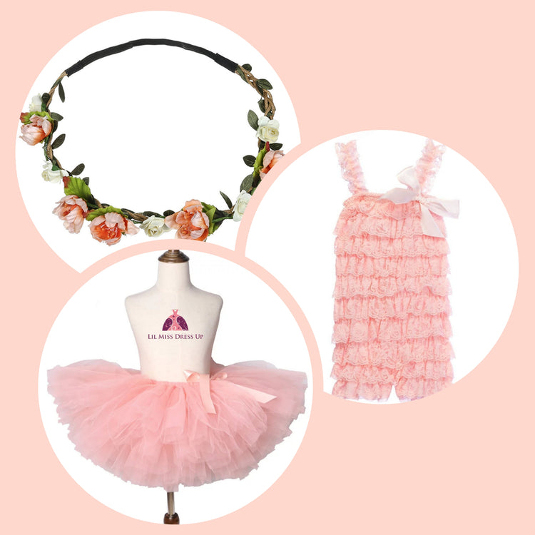 LIL MISS -  Baby Lace Romper Signature Dress Up Set - Peach