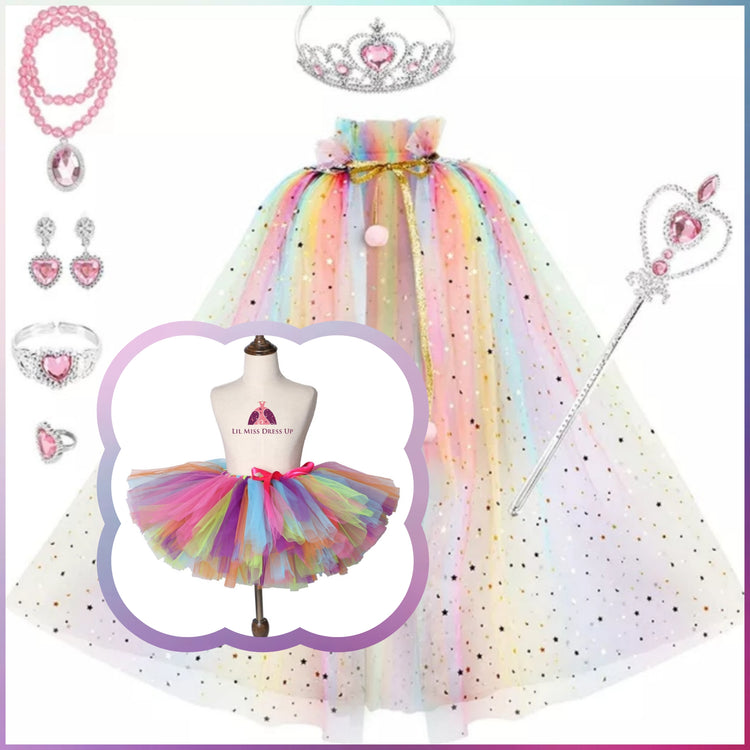 LIL MISS -  Princess Tulle Cape Signature Dress Up Set - Rainbow